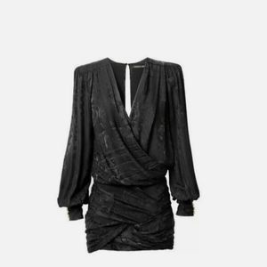 Balmain H&M Silk Jacquard Draped Mini Dress Size US 6 EUR 36 Long Sleeve Black